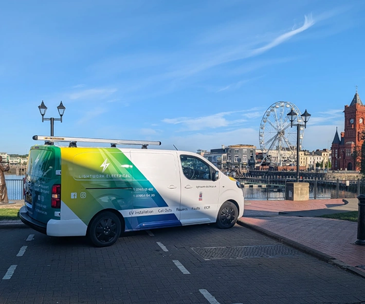 Lightwork Electrical van at Cardiff Bay waterfront