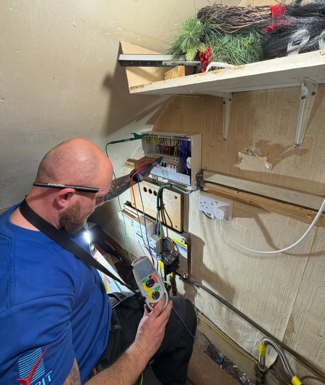 Domestic electrician carrying out home electrical work